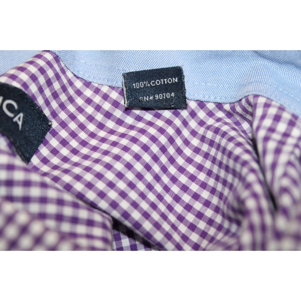 Nautica Mens Gingham Button Down Shirt Purple White 100% Cotton L 16.5 34/35 - Picture 4 of 5
